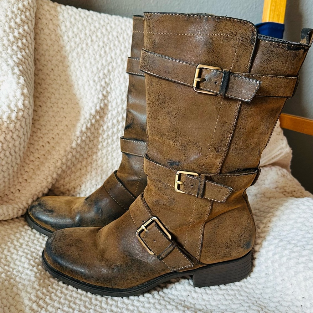 Sonoma Brown Distressed Leather Moto Boots with Buckles